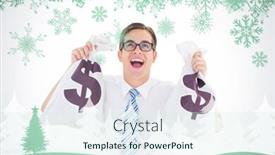  Presentation with money tree - Slides with geeky happy businessman holding bags of money against snowflakes and fir tree in green background and a cool aqua colored foreground