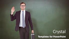  Presentation with green chalkboard - Colorful presentation design enhanced with geeky hipster businessman waving at camera against green chalkboard backdrop and a dark gray colored foreground