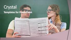  Presentation with reading and writing - Colorful PPT theme enhanced with geeky hipster couple reading newspaper backdrop and a ocean colored foreground