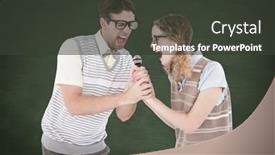  Presentation with green chalkboard - PPT theme enhanced with geeky hipster couple singing into a microphone against green chalkboard background and a dark gray colored foreground