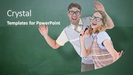  Presentation with green chalkboard - Cool new slide set with geeky hipster couple singing into a microphone against green chalkboard backdrop and a ocean colored foreground