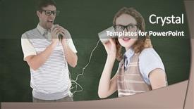  Presentation with green chalkboard - Beautiful slide set featuring geeky hipster couple speaking with tin can phone against green chalkboard backdrop and a dark gray colored foreground