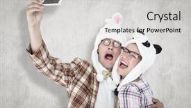  Presentation with selfie - PPT theme having geeky hipster couple taking selfie with smart phone against white background background and a light gray colored foreground
