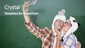  Presentation with green chalkboard - Slide set consisting of geeky hipster couple taking selfie with smart phone against green chalkboard background and a gray colored foreground