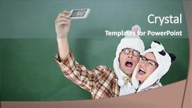  Presentation with green chalkboard - PPT theme having geeky hipster couple taking selfie with smart phone against green chalkboard background and a gray colored foreground