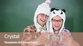  Presentation with green chalkboard - Slide deck having geeky hipster couple taking selfie with smart phone against green chalkboard background and a coral colored foreground