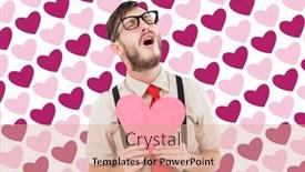  Presentation with crying heart - Audience pleasing presentation consisting of geeky hipster crying and holding heart card against valentines day pattern backdrop and a coral colored foreground