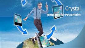  Presentation with vinyl - Presentation design consisting of geeky hipster dancing to vinyl against blue sky background and a teal colored foreground