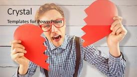  Presentation with broken heart - Amazing slide set having geeky hipster holding a broken heart against painted blue wooden planks backdrop and a lemonade colored foreground