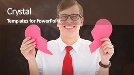  Presentation with broken heart - Colorful presentation design enhanced with geeky hipster holding a broken heart card against grey backdrop and a tawny brown colored foreground
