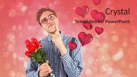  Presentation with light roses - Beautiful slide deck featuring geeky hipster holding a bunch of roses against red abstract light spot design backdrop and a coral colored foreground
