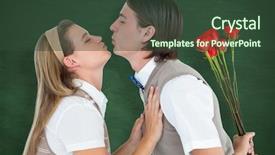  Presentation with green chalkboard - PPT theme with geeky hipster holding roses and giving a kiss to his girlfriend against green chalkboard background and a tawny brown colored foreground