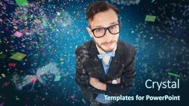  Presentation with fireworks - Colorful theme enhanced with geeky hipster looking at camera against colourful fireworks exploding on black background backdrop and a ocean colored foreground