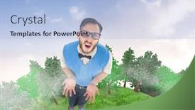  Presentation with blue orange - PPT theme with geeky hipster looking confused at camera against beautiful orange and blue sky background and a light blue colored foreground