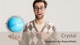  Presentation with globe - Colorful PPT theme enhanced with geeky-hipster-pointing-at-globe backdrop and a mint green colored foreground