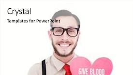  Presentation with blood - Amazing PPT theme having geeky hipster smiling and holding heart card against give blood save lives backdrop and a white colored foreground