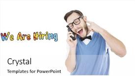  Presentation with hiring - Presentation theme featuring geeky hipster talking on a retro cellphone against we are hiring background and a white colored foreground