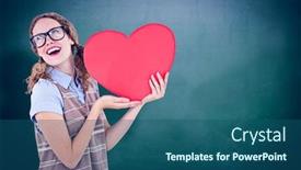  Presentation with green chalkboard - Slide deck enhanced with geeky hipster woman holding heart card against green chalkboard background and a ocean colored foreground