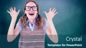 Presentation with green chalkboard - PPT theme featuring geeky hipster woman smiling and showing her hands against green chalkboard background and a ocean colored foreground