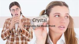  Presentation with phone - Cool new PPT layouts with geeky hipsters using string phone on white background backdrop and a coral colored foreground