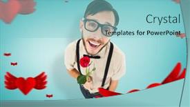  Presentation with blue rose - Presentation design having geeky lovesick hipster holding rose against blue vignette background background and a light blue colored foreground