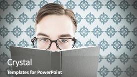  Presentation with book - Colorful presentation design enhanced with geeky man looking over book backdrop and a gray colored foreground