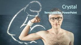  Presentation with flexing - Slides with geeky shirtless hipster flexing bicep against blue chalkboard background and a ocean colored foreground