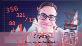  Presentation with activity graph showing an earthquake - Slide deck enhanced with geeky smiling businessman showing calculator background and a coral colored foreground
