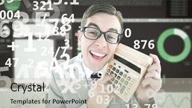  Presentation with business calculator - Cool new presentation theme with geeky smiling businessman showing calculator backdrop and a soft green colored foreground