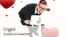 Presentation with paper heart book - Colorful presentation theme enhanced with geeky smiling businessman showing paper backdrop and a cream colored foreground