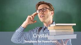  Presentation with green chalkboard - PPT theme with geeky student holding a pile of books against green chalkboard background and a light blue colored foreground