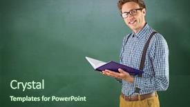  Presentation with green chalkboard - Beautiful slide deck featuring geeky student reading a book against green chalkboard backdrop and a ocean colored foreground