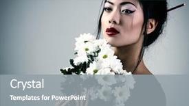  Presentation with white flowers of jasmine - Presentation design consisting of young happy woman with fake mustaches background and a tawny brown colored foreground