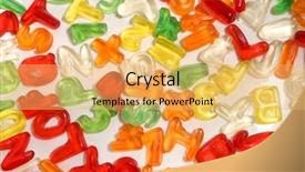  Presentation with alphabet - Amazing PPT theme having gummies - gelatin candies alphabet backdrop and a yellow colored foreground