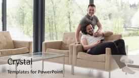  Presentation with family and home love concept - Colorful PPT layouts enhanced with gender communication - gay couple love home concept backdrop and a mint green colored foreground