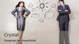  Presentation with equality - Beautiful presentation design featuring gender equality - funny businessman and woman lying backdrop and a light gray colored foreground