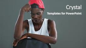  Presentation with blue eyes technology close up - Slides featuring gender identity - androgynous man posing with eyes background and a gray colored foreground