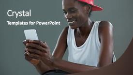  Presentation with phone - Slide deck consisting of gender identity - androgynous man using mobile phone background and a  colored foreground