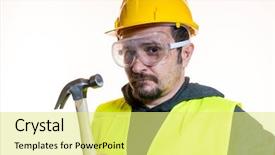  Presentation with start construction - Slides consisting of general contractor - do it yourself man dressed background and a yellow colored foreground