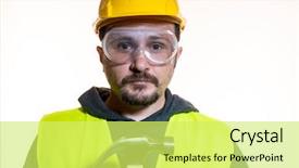  Presentation with start construction - Cool new presentation theme with general contractor - do it yourself man dressed backdrop and a  colored foreground