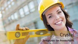  Presentation with construction site construction - Audience pleasing slide set consisting of general contractor - portrait of young attractive female backdrop and a gold colored foreground