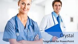  Presentation with medical worker and brain - PPT theme featuring general doctor - portrait of two smiling medical background and a  colored foreground