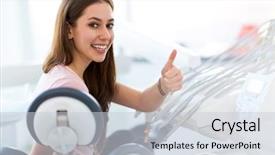  Presentation with woman in sea - Slide deck with general equipment - woman having teeth examined background and a light gray colored foreground