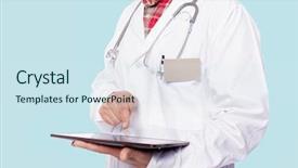  Presentation with hands holding black tablet - Slide set featuring general formal - male doctor holding a tablet background and a  colored foreground