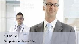  Presentation with medical - PPT theme consisting of general formal - middle-aged businessman standing at medical background and a lemonade colored foreground