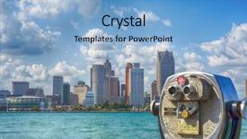  Presentation with detroit - Theme consisting of general motors - binoculars overseeing detroit city skyline background and a light blue colored foreground