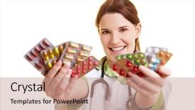  Presentation with colorful hands - PPT theme with general pharmacology - smiling female doctor holding many background and a coral colored foreground