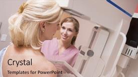  Presentation with nurse and patient - Slide deck consisting of general practice - nurse assisting patient undergoing mammogram background and a coral colored foreground