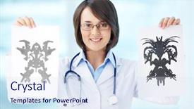  Presentation with psychology - Amazing presentation theme having general psychology - smiling psychologist showing papers backdrop and a sky blue colored foreground