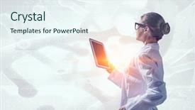  Presentation with scientist - Slide deck enhanced with general science - scientist woman using tablet pc background and a sky blue colored foreground